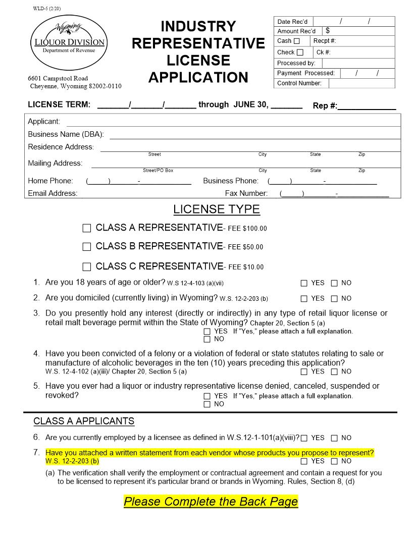 Industry Representative License Application {WLD-5} | Pdf Fpdf Docx | Wyoming