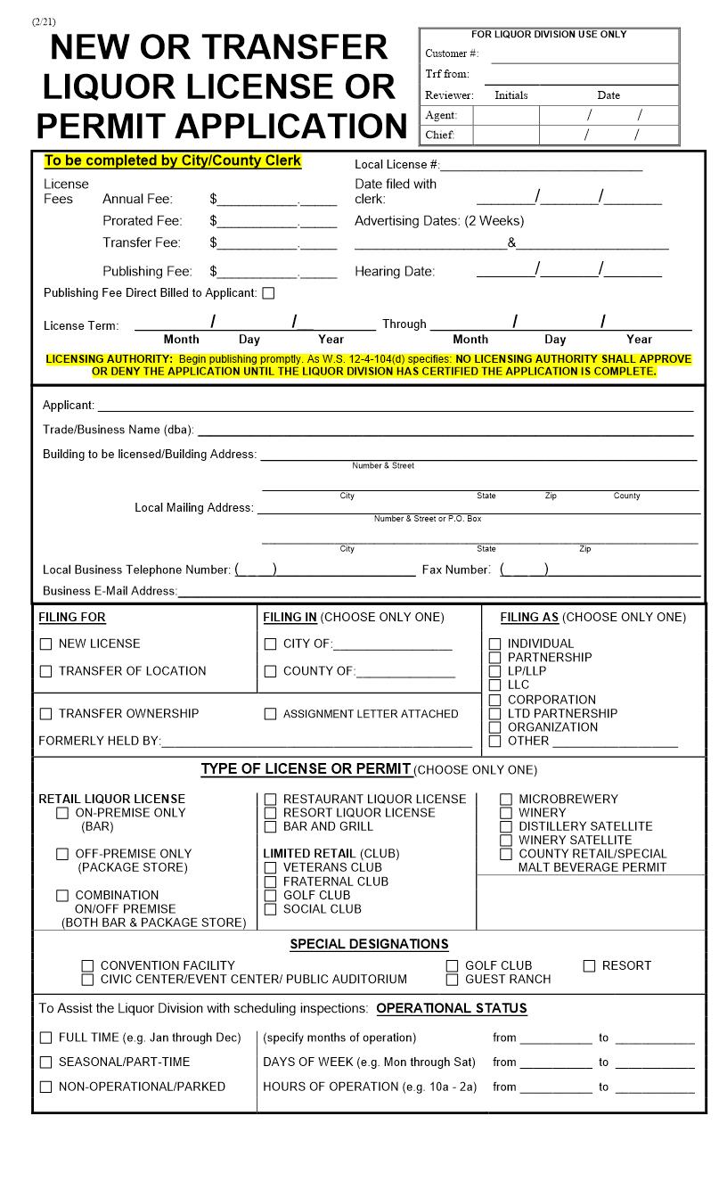 New Or Transfer Liquor License Or Permit Application {WLD-31} | Pdf Fpdf Doc Docx | Wyoming