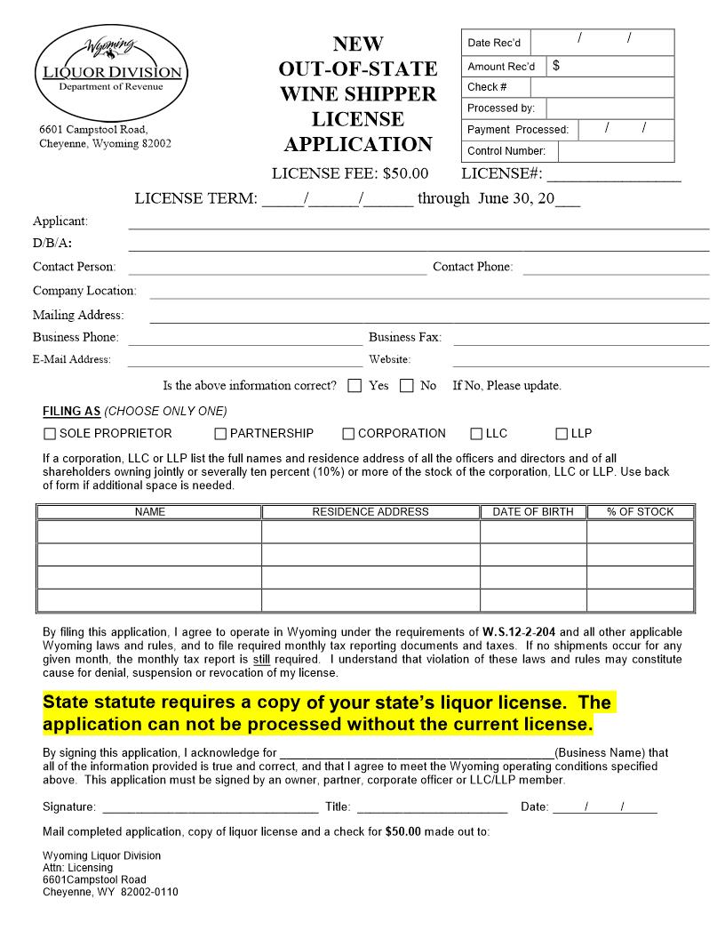 Out Of State Wine Shipper License Application | Pdf Fpdf Docx | Wyoming