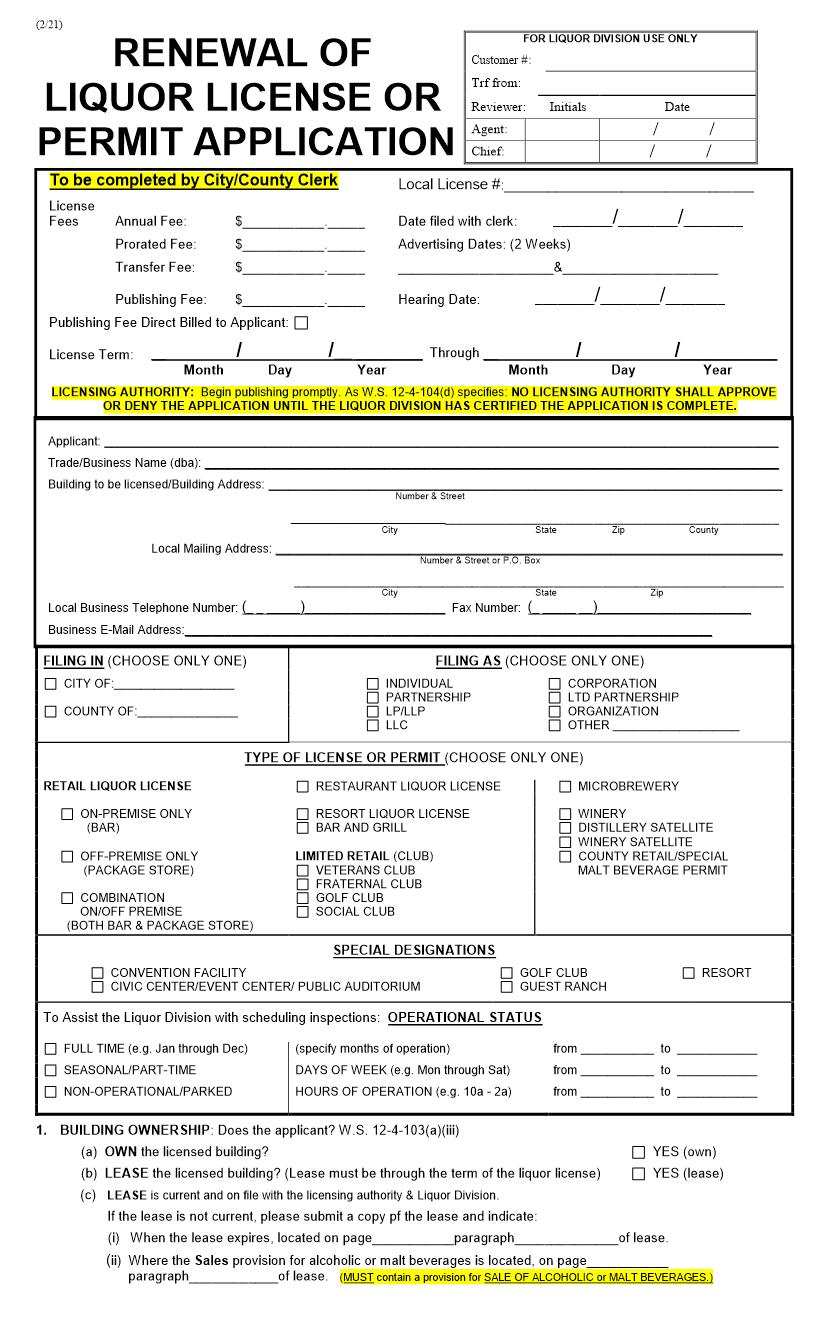 Renewal Of Liquor License Or Permit Application {WLD-28} | Pdf Fpdf Doc Docx | Wyoming