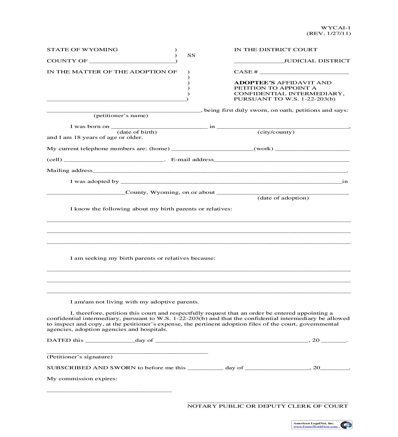 Adoptees Affidavit And Petition To Appoint A Confidential Intermediary {WYCAI-1} | Pdf Fpdf Doc Docx | Wyoming