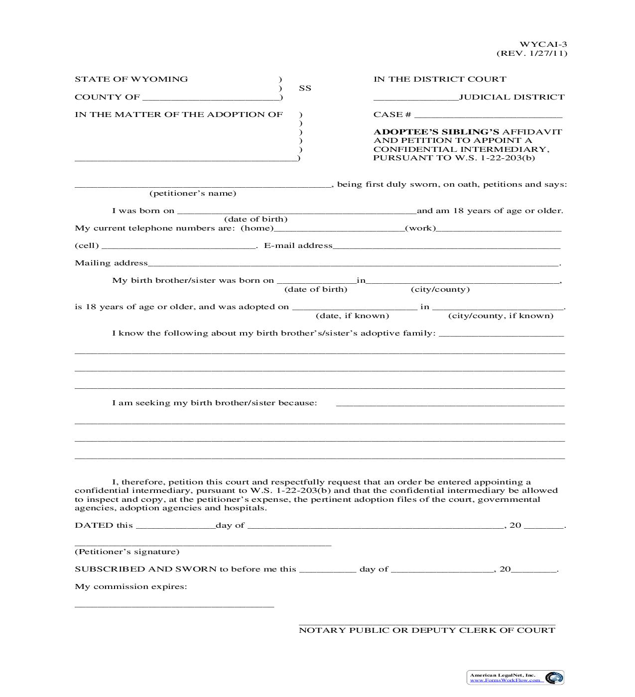 Adoptees Siblings Affidavit And Petition To Appoint A Confidential Intermediary {WYCAI-3} | Pdf Fpdf Doc Docx | Wyoming
