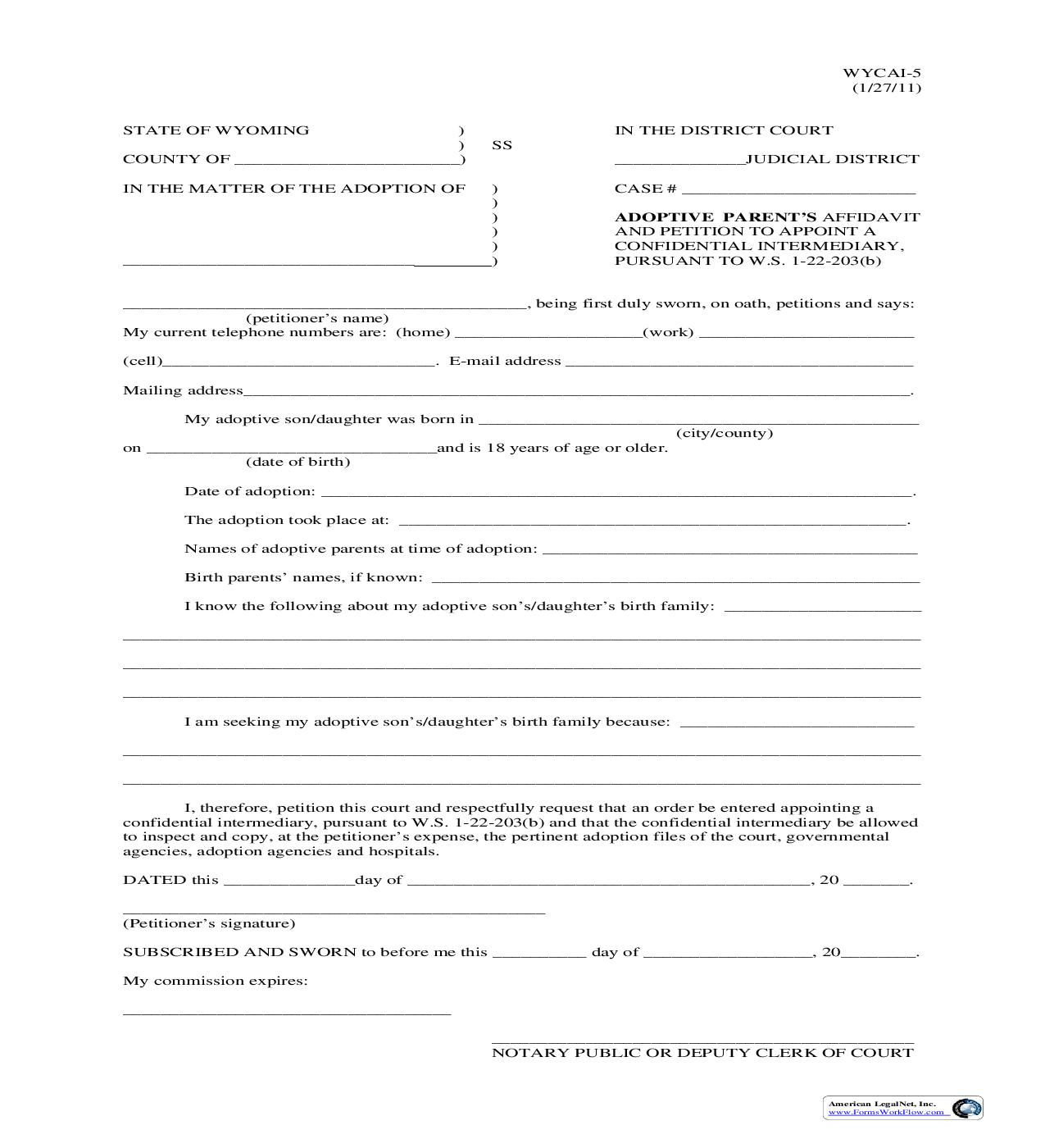 Adoptive Parents Affidavit And Petition To Appoint A Confidential Intermediary {WYCAI-5} | Pdf Fpdf Doc Docx | Wyoming