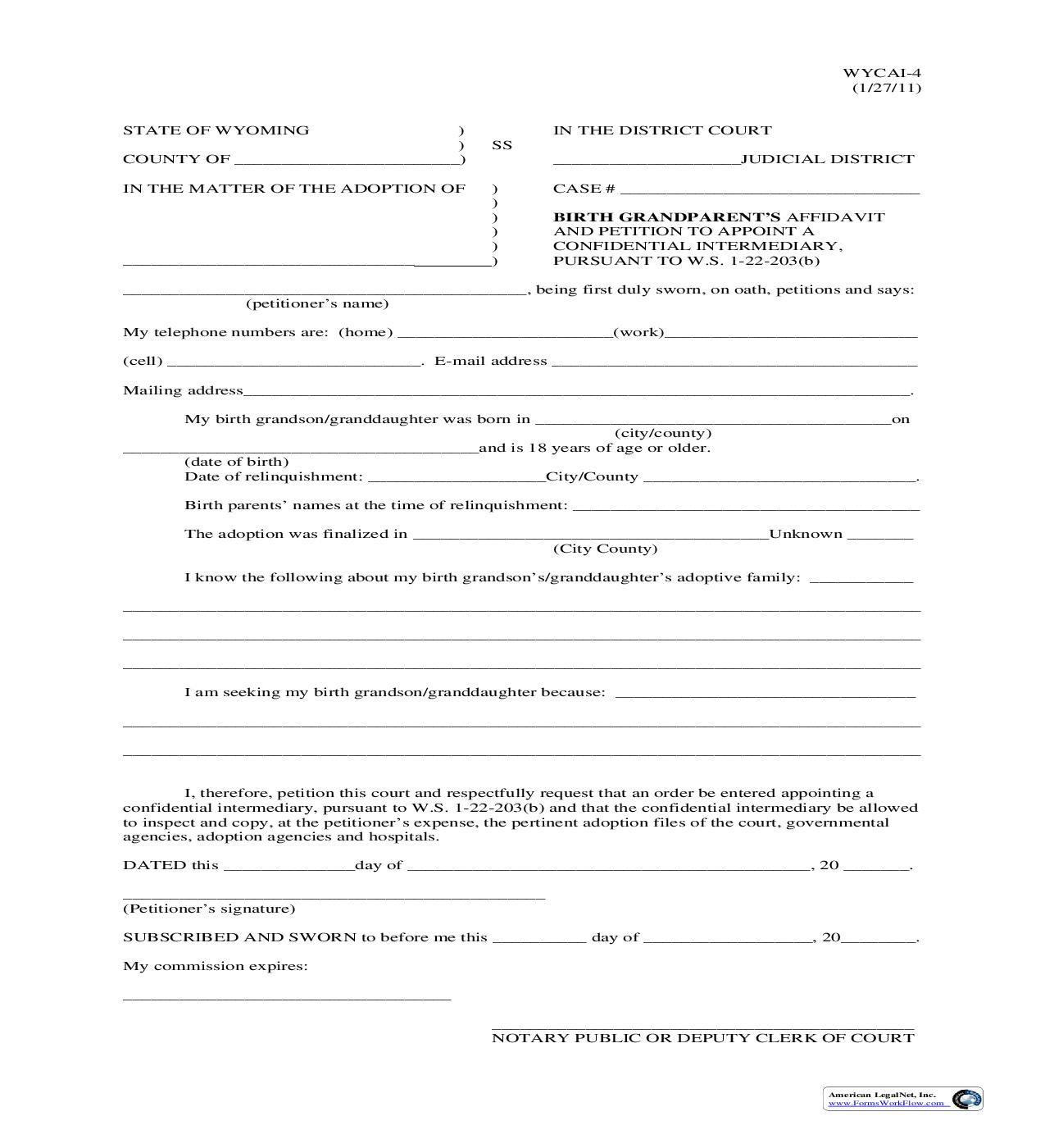 Birth Grandparents Affidavit And Petition To Appoint A Confidential Intermediary {WYCAI-4} | Pdf Fpdf Doc Docx | Wyoming