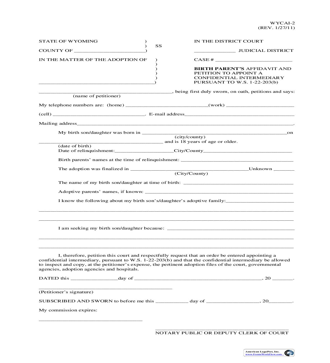 Birth Parents Affidavit And Petition To Appoint A Confidential Intermediary {WYCAI-2} | Pdf Fpdf Doc Docx | Wyoming