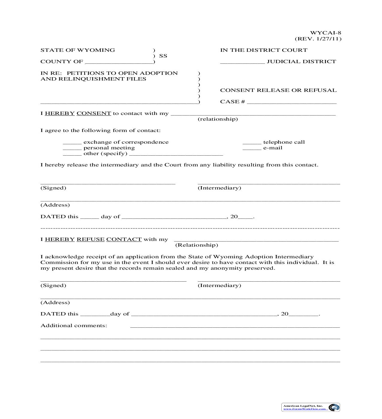 Consent Release Or Refusal {WYCAI-8} | Pdf Fpdf Doc Docx | Wyoming