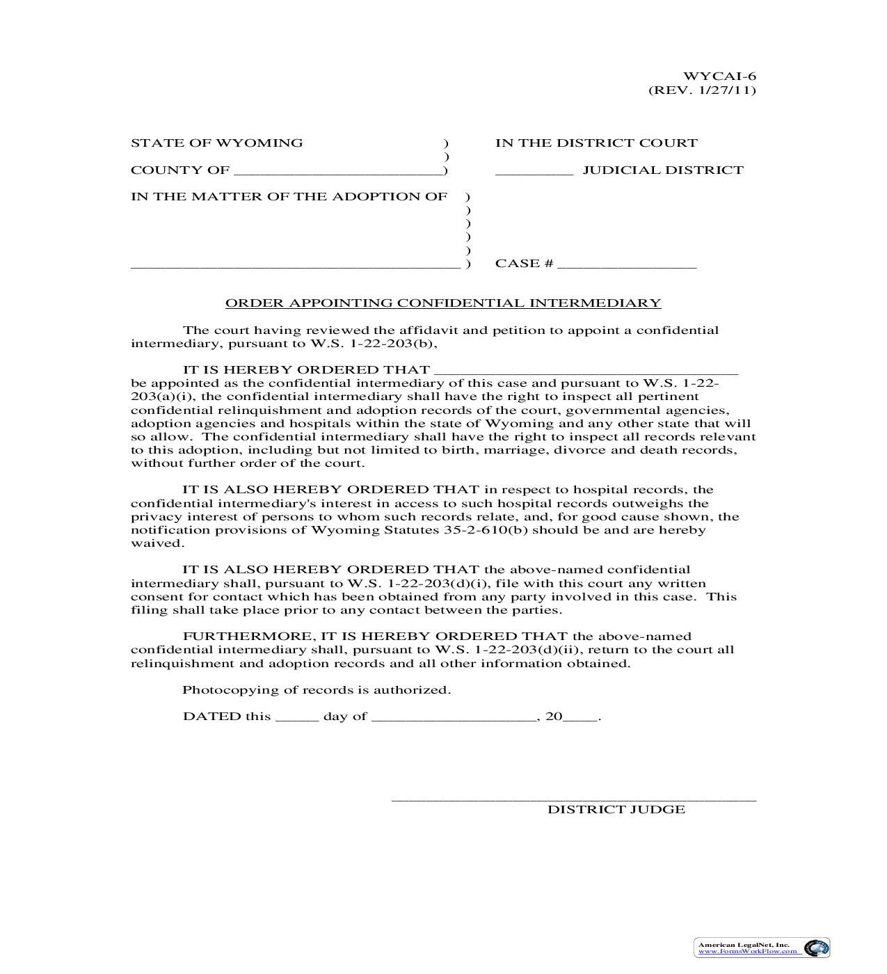 Order Appointing Confidential Intermediary {WYCAI-6} | Pdf Fpdf Doc Docx | Wyoming