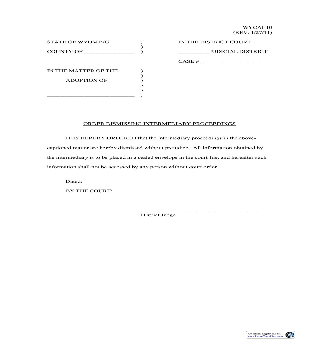 Order Dismissing Intermediary Proceedings {WYCAI-10} | Pdf Fpdf Doc Docx | Wyoming