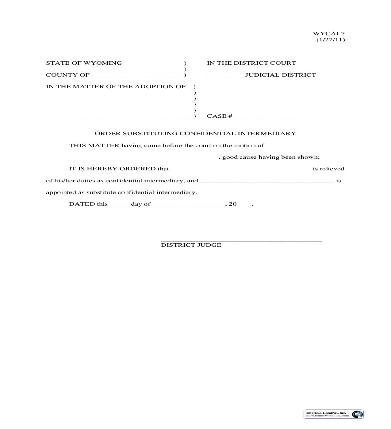 Order Substituting Confidential Intermediary {WYCAI-7} | Pdf Fpdf Doc Docx | Wyoming