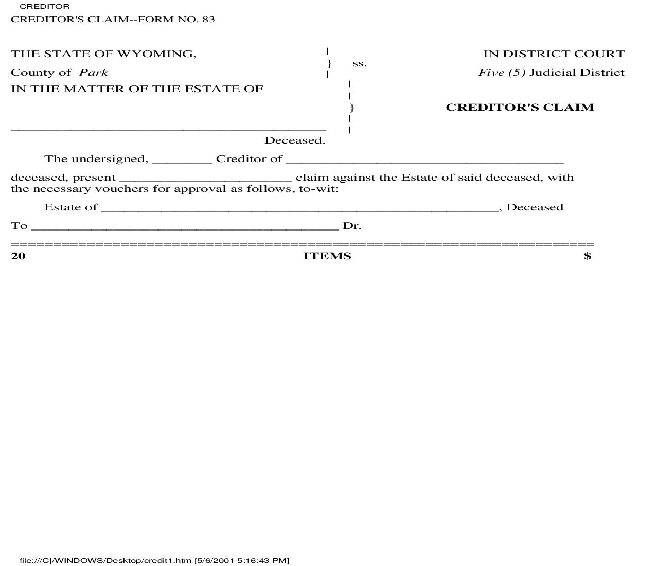 Creditors Claim | Pdf Fpdf Doc Docx | Wyoming