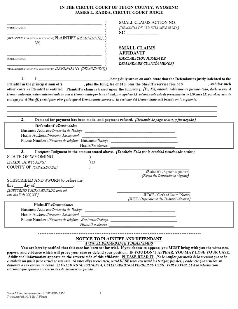 Small Claims Affidavit | Pdf Fpdf Doc Docx | Wyoming