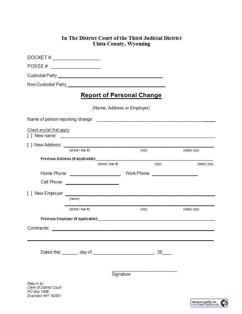 Report Of Personal Change | Pdf Fpdf Docx | Wyoming