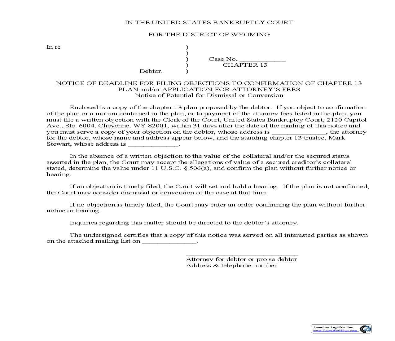 Notice of Deadline For Filing Objections To Confirmation Of Chapter 13 Plan | Pdf Fpdf Doc Docx | Wyoming