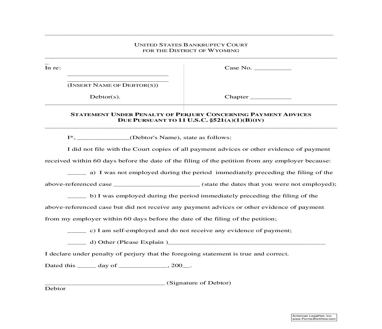 Statement Under Penalty Of Perjury Concerning Payment Advices Due Pursuant To 11 U.S.C. section 521 (A)(1)(B)(IV) | Pdf Fpdf Doc Docx | Wyoming