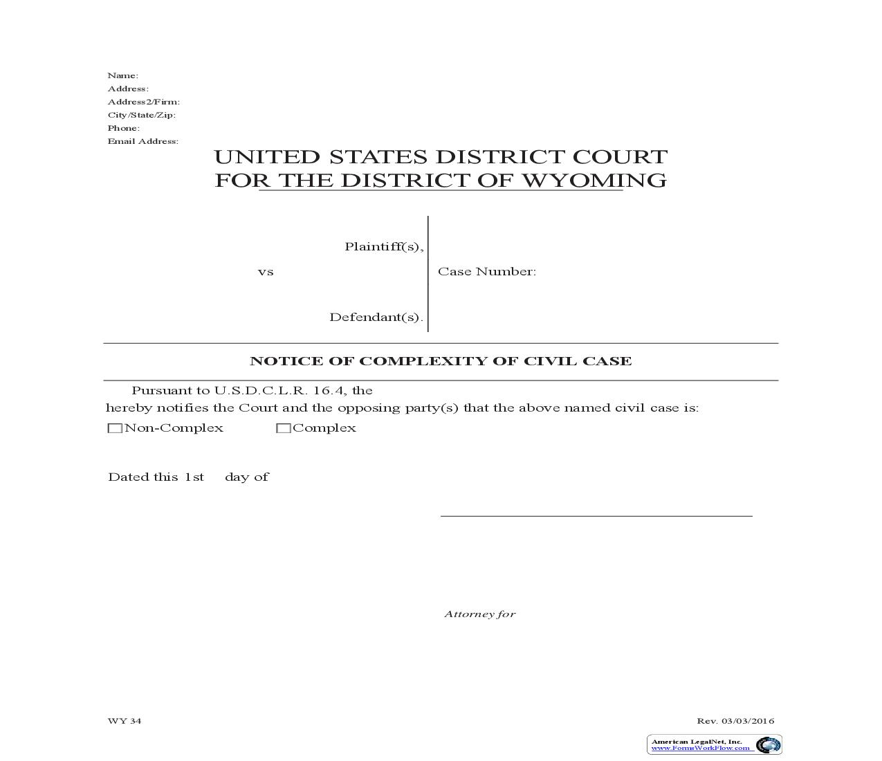 Notice Of Complexity Of Civil Case | Pdf Fpdf Doc Docx | Wyoming