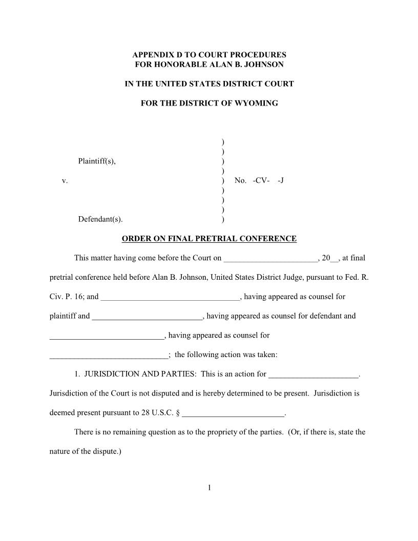 Order On Final Pretrial Conference (Judge Johnson) | Pdf Fpdf Docx | Wyoming
