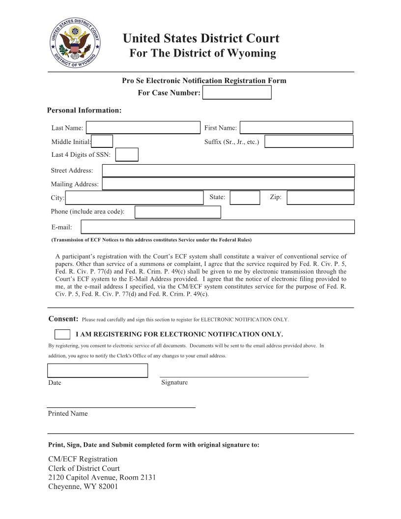 Pro Se Electronic Notification Registration  | Pdf Fpdf Docx | Wyoming