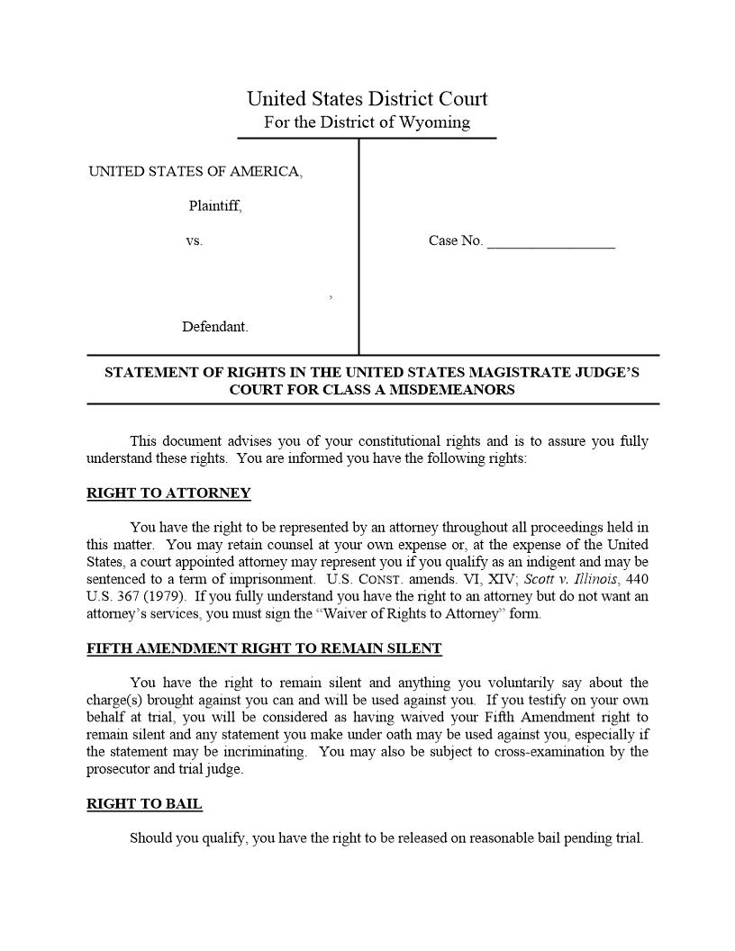 Statement Of Rights For Class A Misdemeanors | Pdf Fpdf Docx | Wyoming