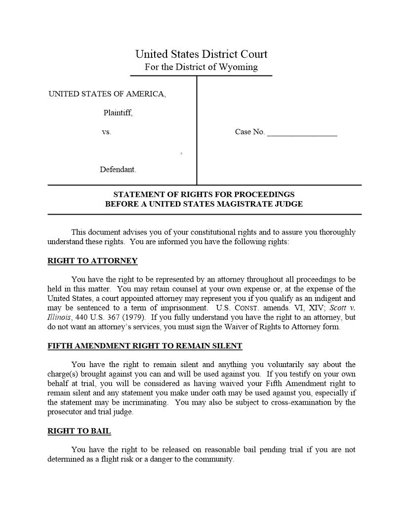 Statement Of Rights For Proceedings Before A US Magistrate Judge | Pdf Fpdf Docx | Wyoming