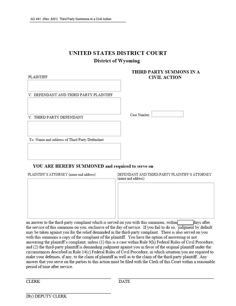 Third Party Summons In A Civil Action  {AO 441} | Pdf Fpdf Docx | Wyoming