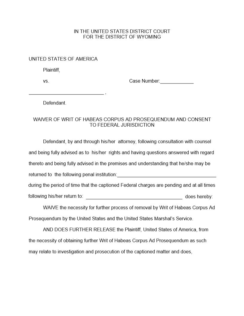 Waiver Of Writ Of Habeas Corpus | Pdf Fpdf Docx | Wyoming
