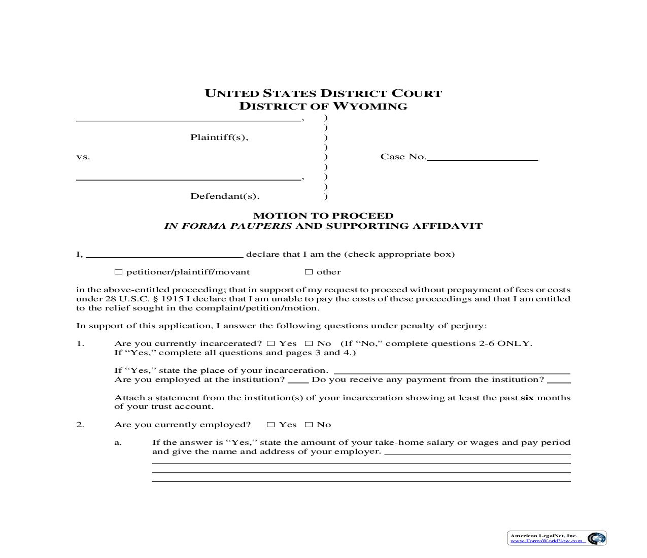 Motion For Leave To Proceed In Forma Pauperis And Supporting Affidavit | Pdf Fpdf Doc Docx | Wyoming