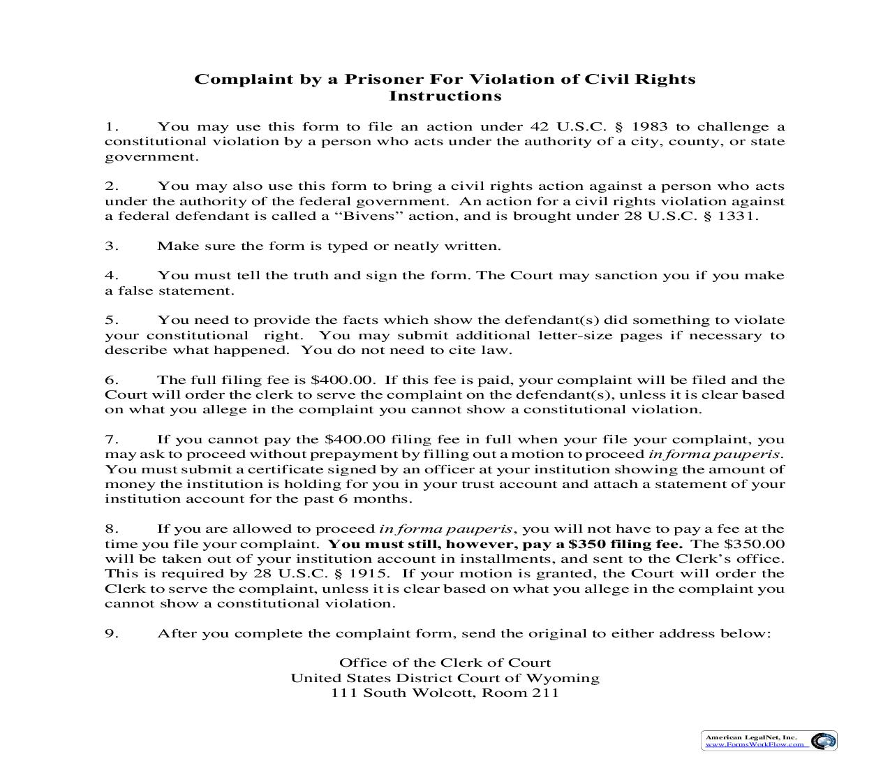Prisoner Civil Rights Complaint | Pdf Fpdf Doc Docx | Wyoming