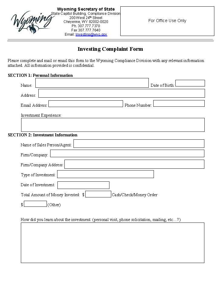 Investing Complaint Form | Pdf Fpdf Docx | Wyoming