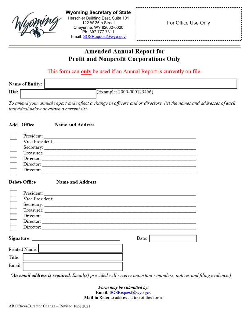 Amended Annual Report For Profit And Nonprofit Corporations Only | Pdf Fpdf Docx | Wyoming