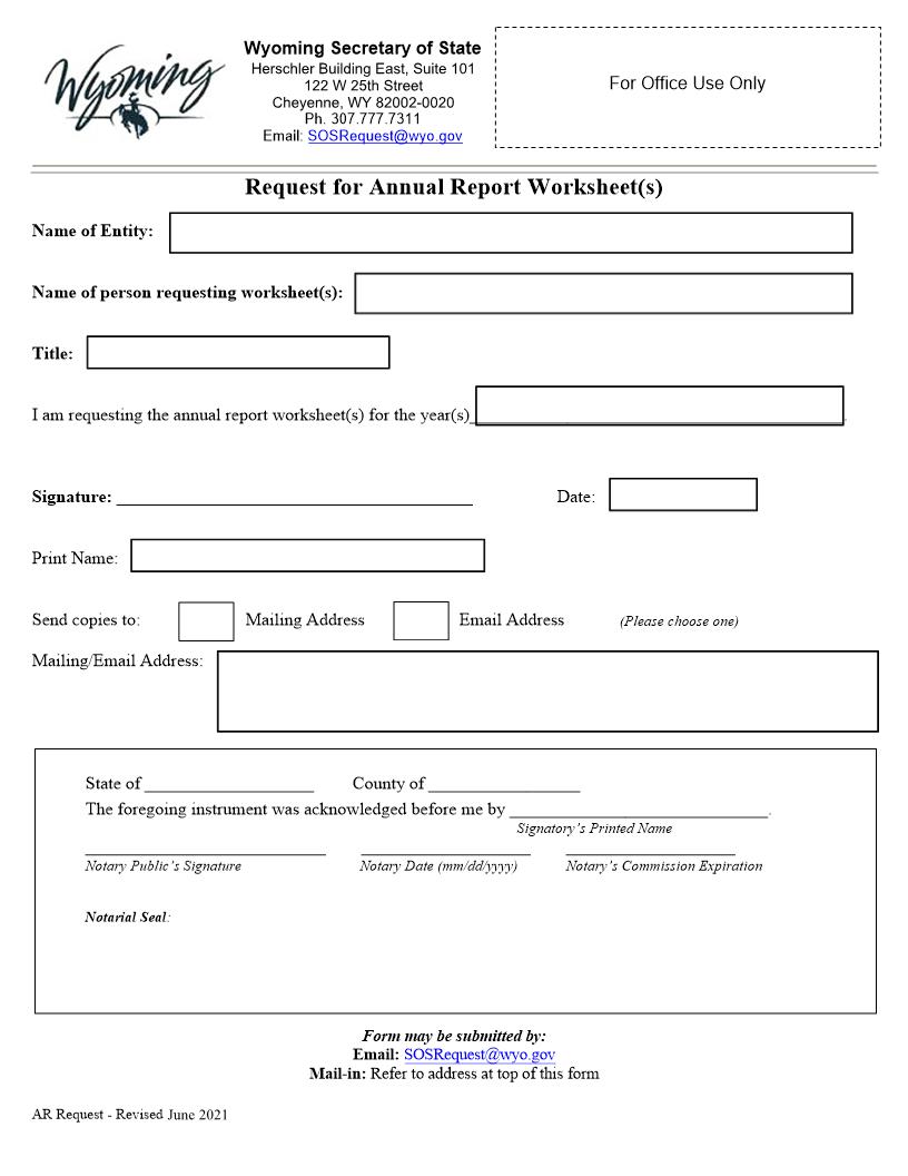 Request For Annual Report Worksheet(s) | Pdf Fpdf Docx | Wyoming