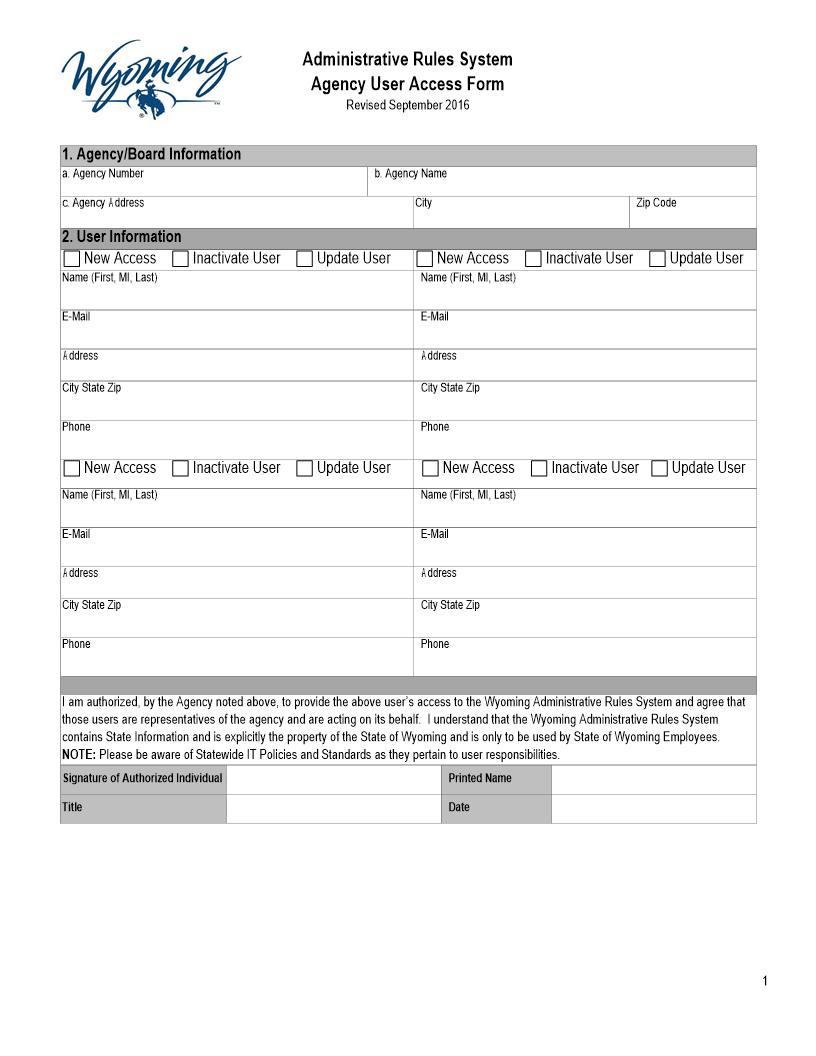 Agency User Access Form | Pdf Fpdf Docx | Wyoming