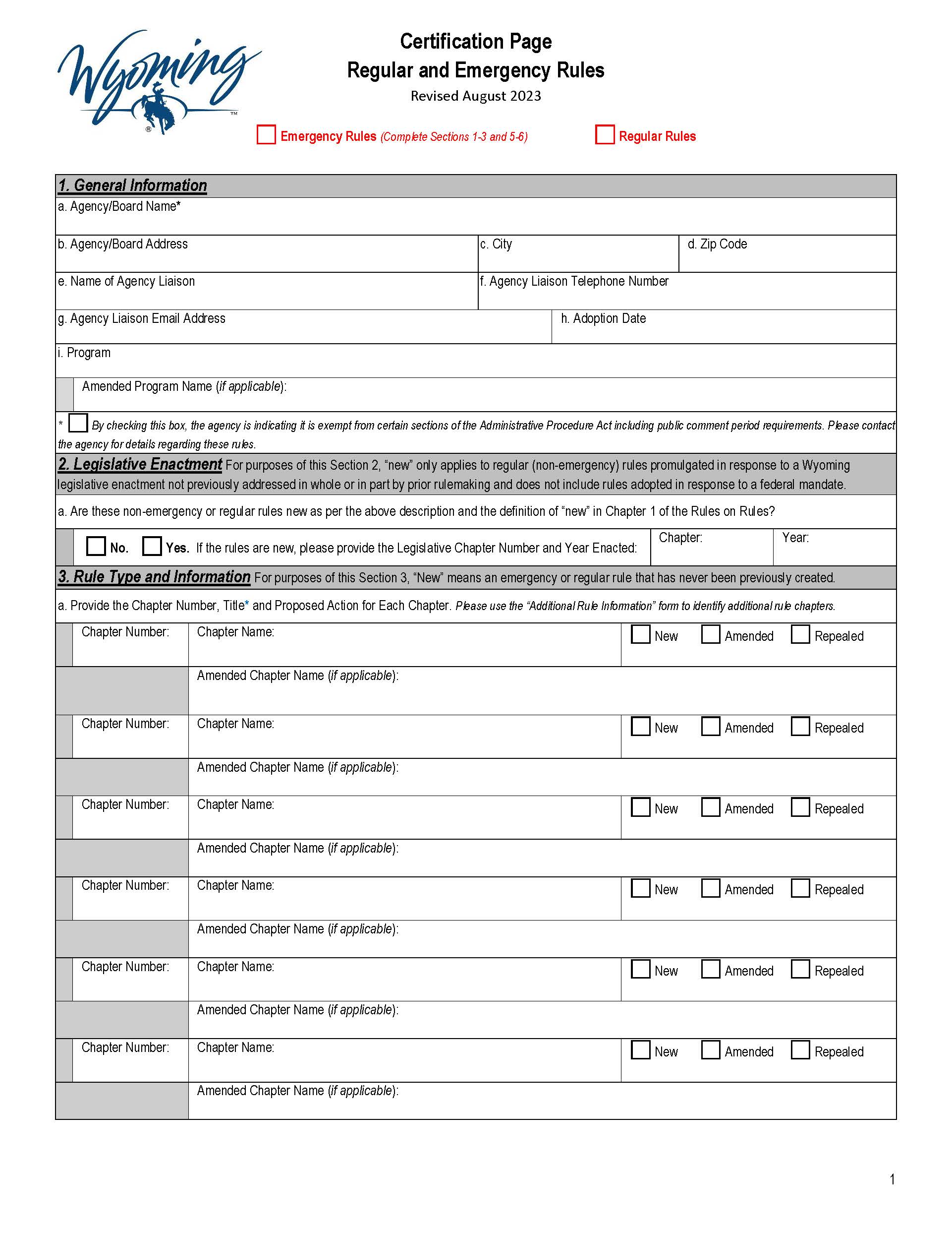Certification Page Regular And Emergency Rules | Pdf Fpdf Docx | Wyoming