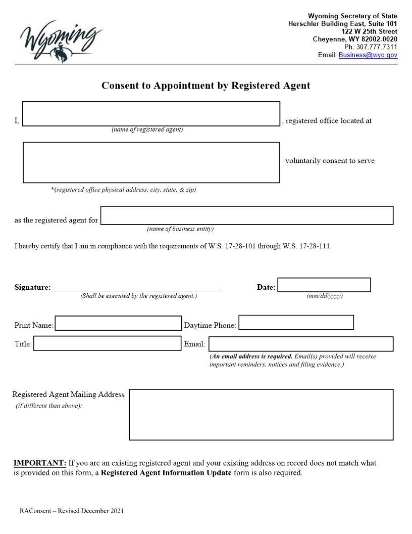 Consent To Appointment By Registered Agent | Pdf Fpdf Docx | Wyoming