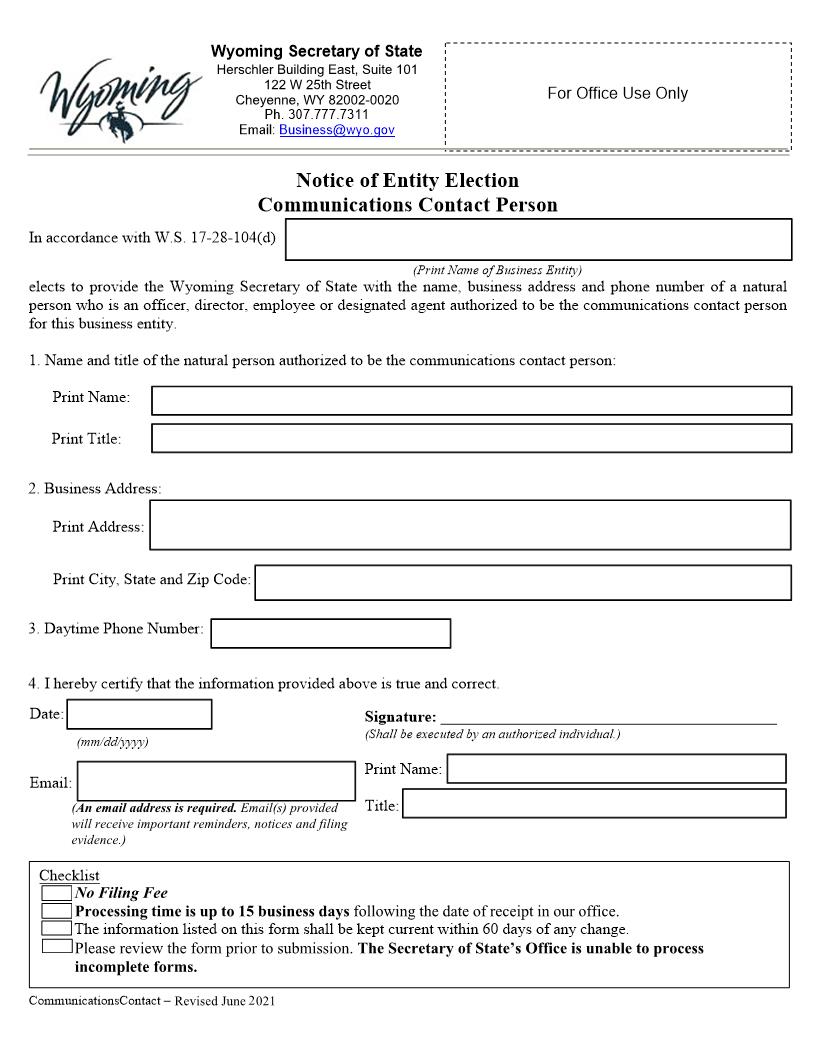 Notice Of Entity Election Communication Contact Person | Pdf Fpdf Docx | Wyoming