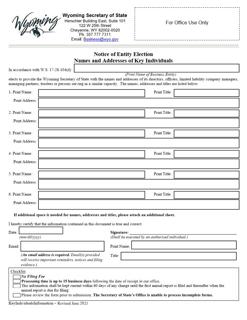 Notice Of Entity Election Names And Addresses Of Key Individuals | Pdf Fpdf Docx | Wyoming