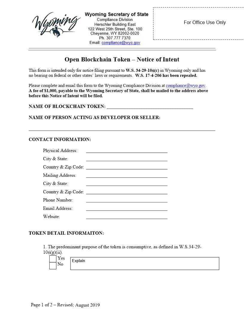 Open Blockchain Token Notice Of Intent | Pdf Fpdf Docx | Wyoming