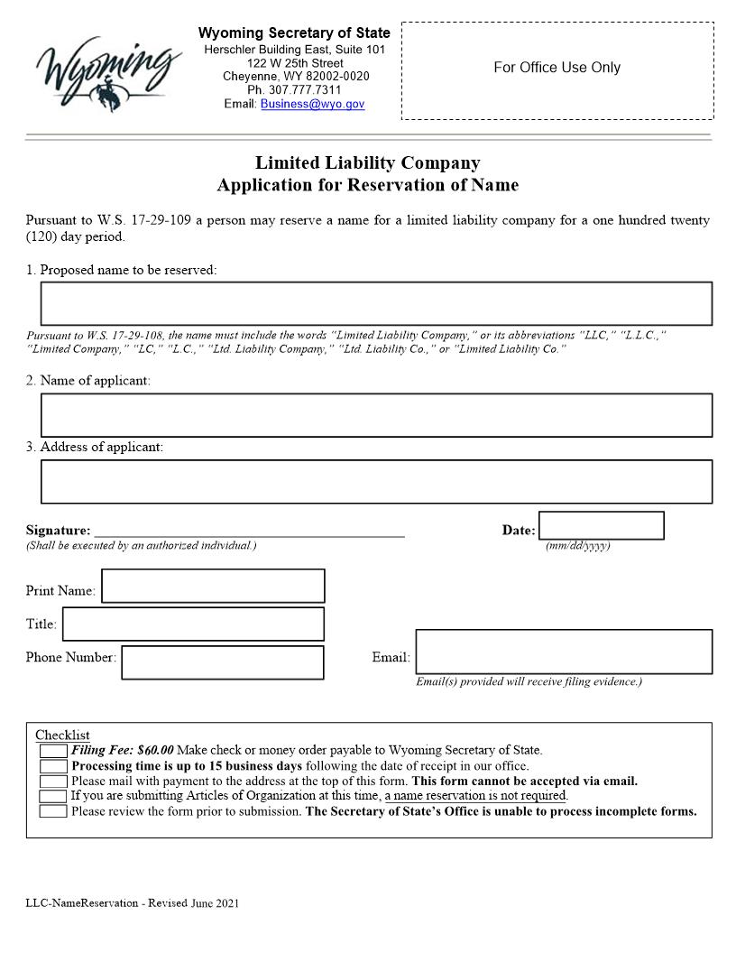 Application For Reservation Of Name | Pdf Fpdf Docx | Wyoming