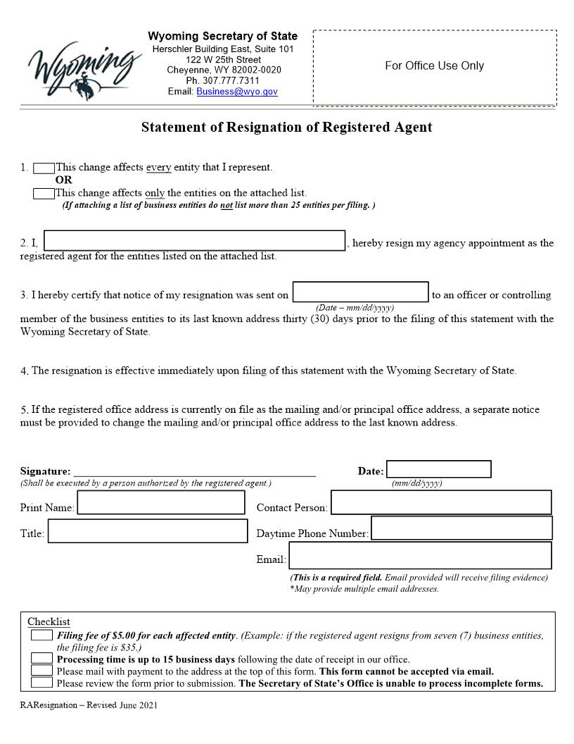 Resignation Of Registered Agent | Pdf Fpdf Docx | Wyoming