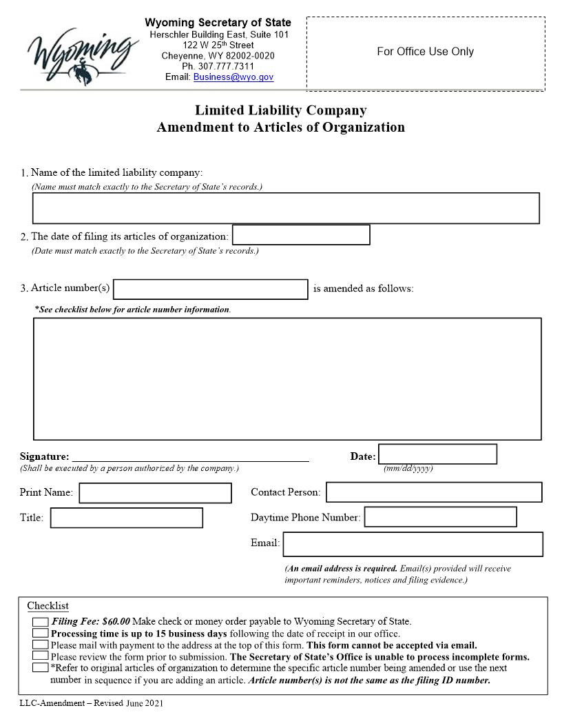 Amendment To Articles Of Organization | Pdf Fpdf Docx | Wyoming