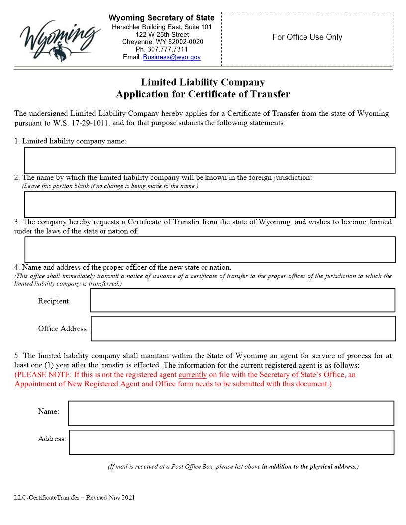 Application For Certificate Of Transfer | Pdf Fpdf Docx | Wyoming