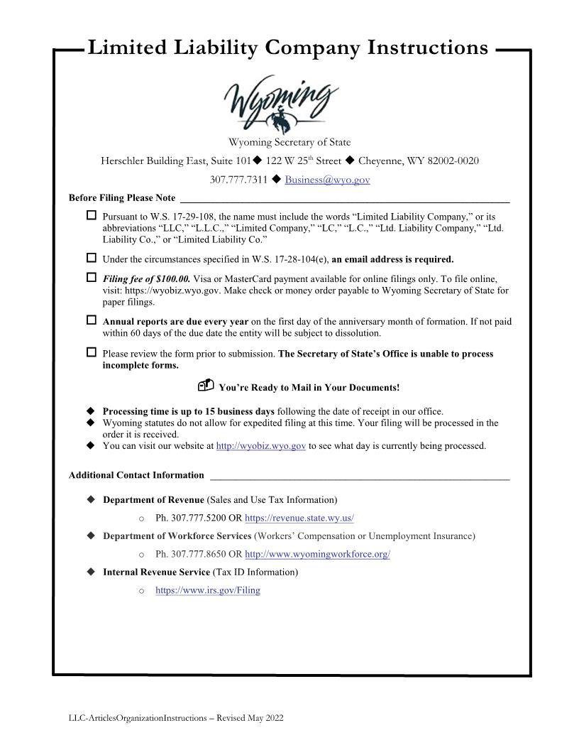 Articles Of Organization | Pdf Fpdf Docx | Wyoming