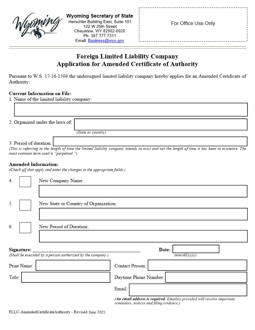 Application For Amended Certificate Of Authority For Foreign LLC | Pdf Fpdf Docx | Wyoming