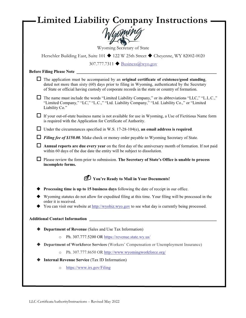 Application For Certificate Of Authority For Foreign LLC | Pdf Fpdf Docx | Wyoming