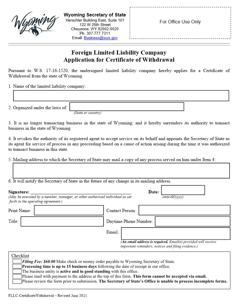 Application For Certificate Of Withdrawal | Pdf Fpdf Docx | Wyoming