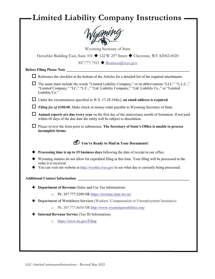 Articles Of Continuance (Foreign LLC) | Pdf Fpdf Docx | Wyoming