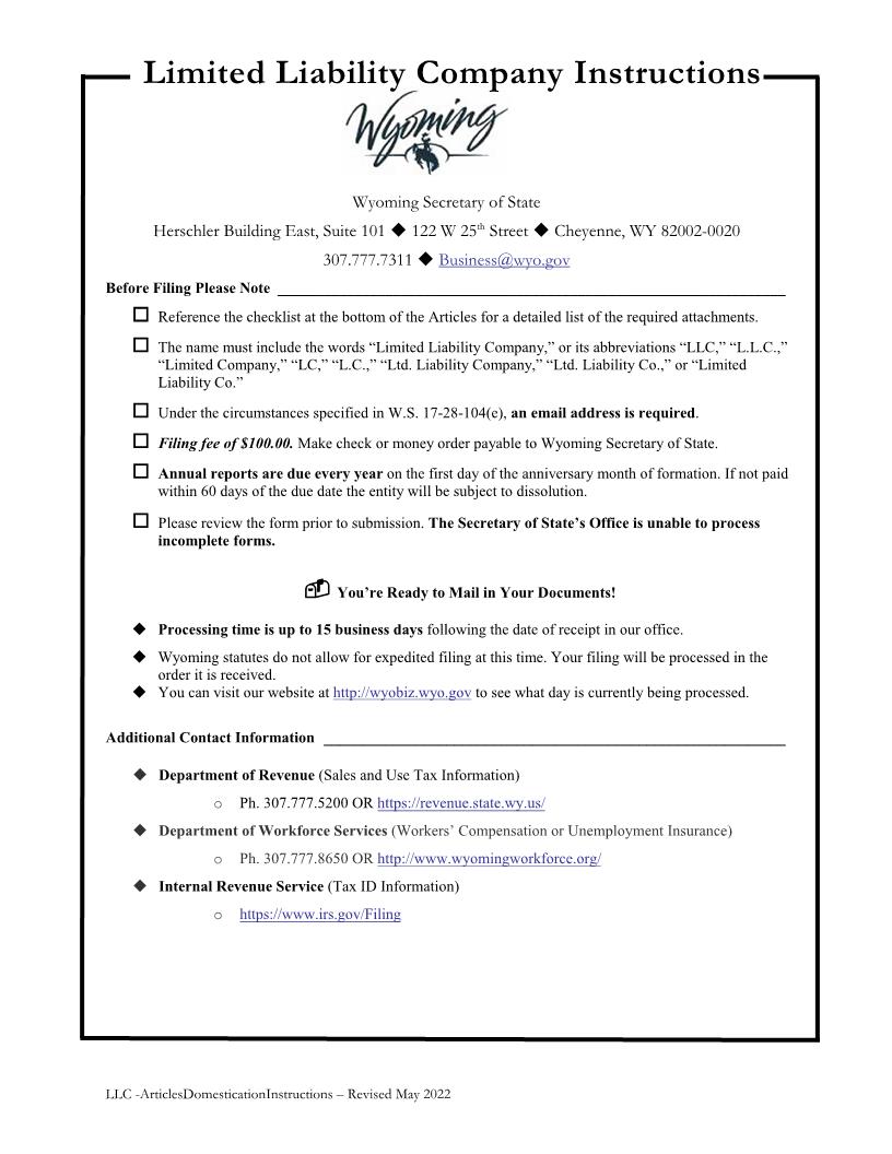 Articles Of Domestication (Foreign LLC) | Pdf Fpdf Docx | Wyoming