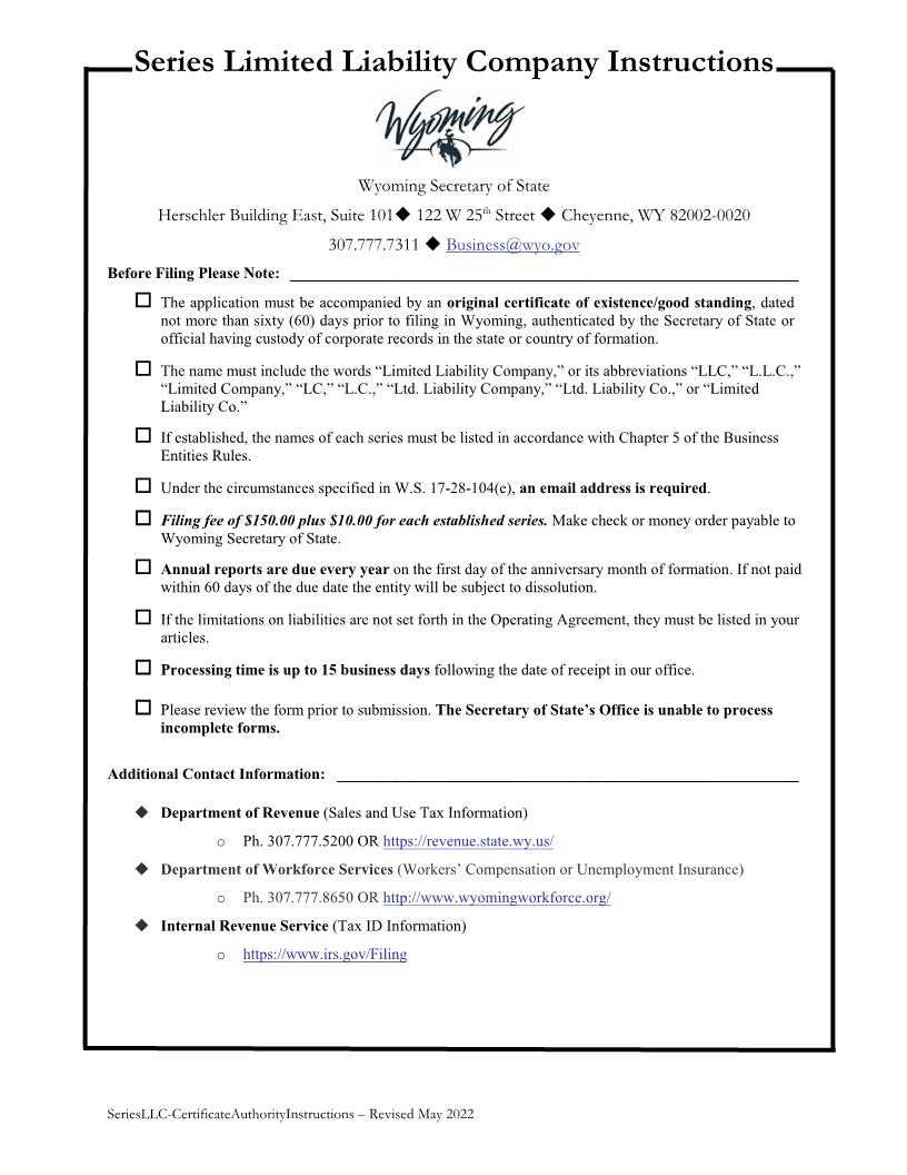 Foreign Series LLC Application For Certificate Of Authority | Pdf Fpdf Docx | Wyoming