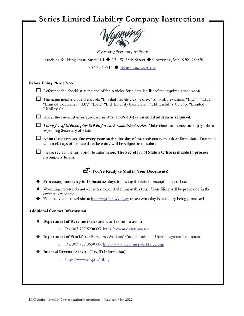 Foreign Series LLC Articles Of Domestication | Pdf Fpdf Docx | Wyoming