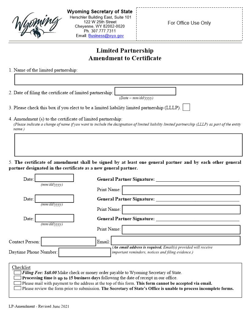 Amendment To Certificate Of Limited Partnership | Pdf Fpdf Docx | Wyoming