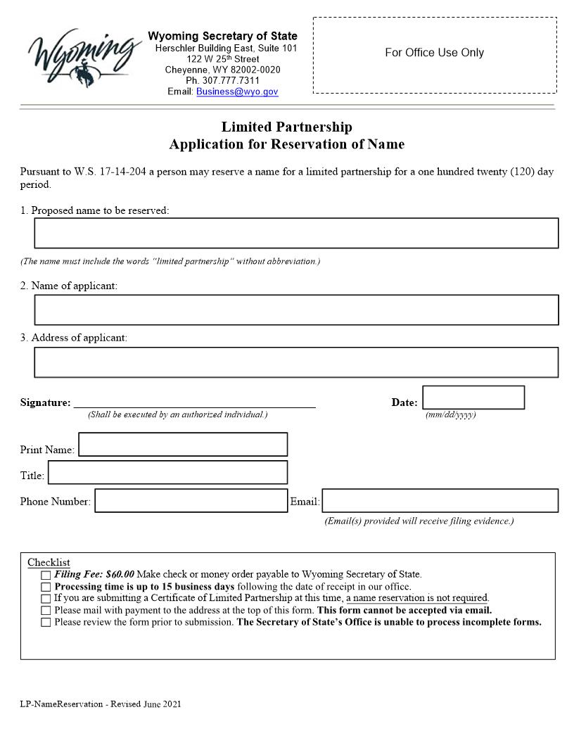 Application For Reservation Of Name Of Limited Partnership | Pdf Fpdf Docx | Wyoming
